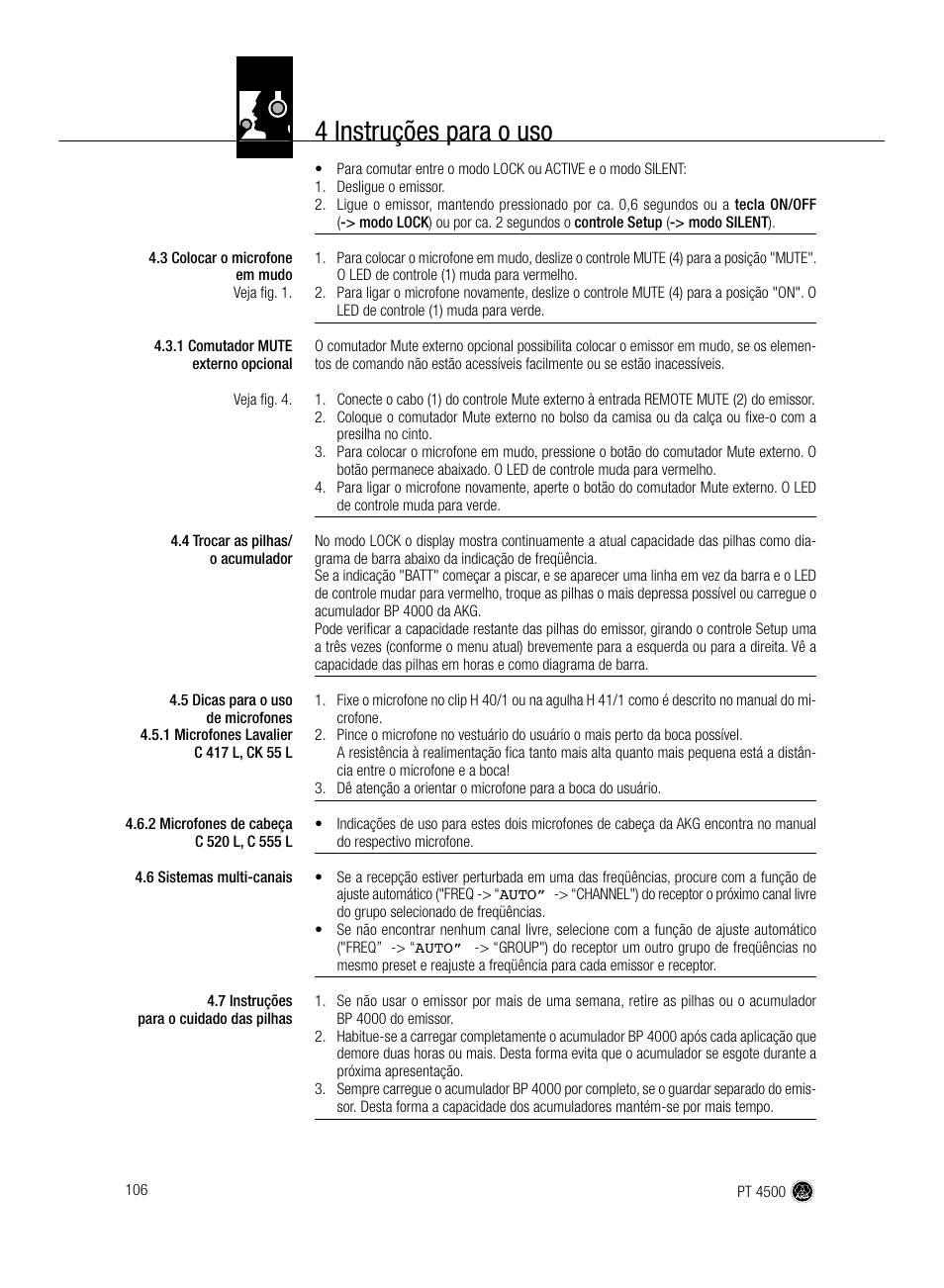 4 instruções para o uso | AKG Acoustics PT 4500 User Manual | Page 106 / 114