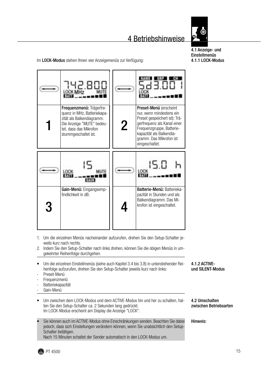 4 betriebshinweise | AKG Acoustics PT 4500 User Manual | Page 15 / 114