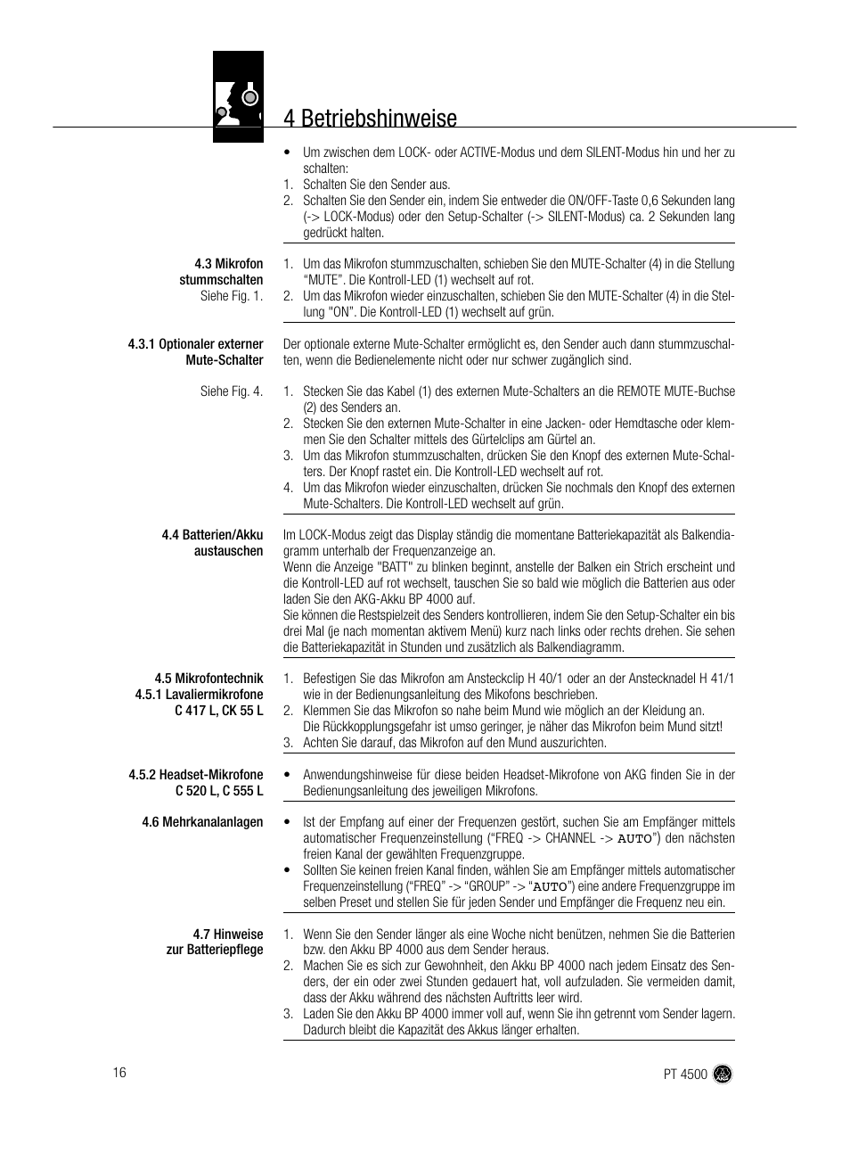 4 betriebshinweise | AKG Acoustics PT 4500 User Manual | Page 16 / 114