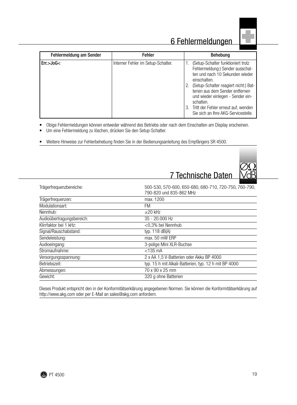 6 fehlermeldungen, 7 technische daten | AKG Acoustics PT 4500 User Manual | Page 19 / 114