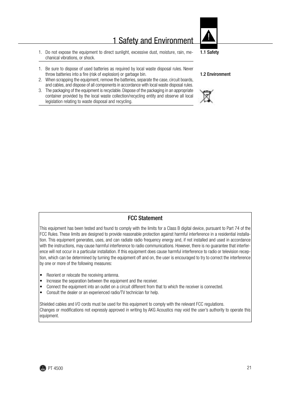 1 safety and environment | AKG Acoustics PT 4500 User Manual | Page 21 / 114