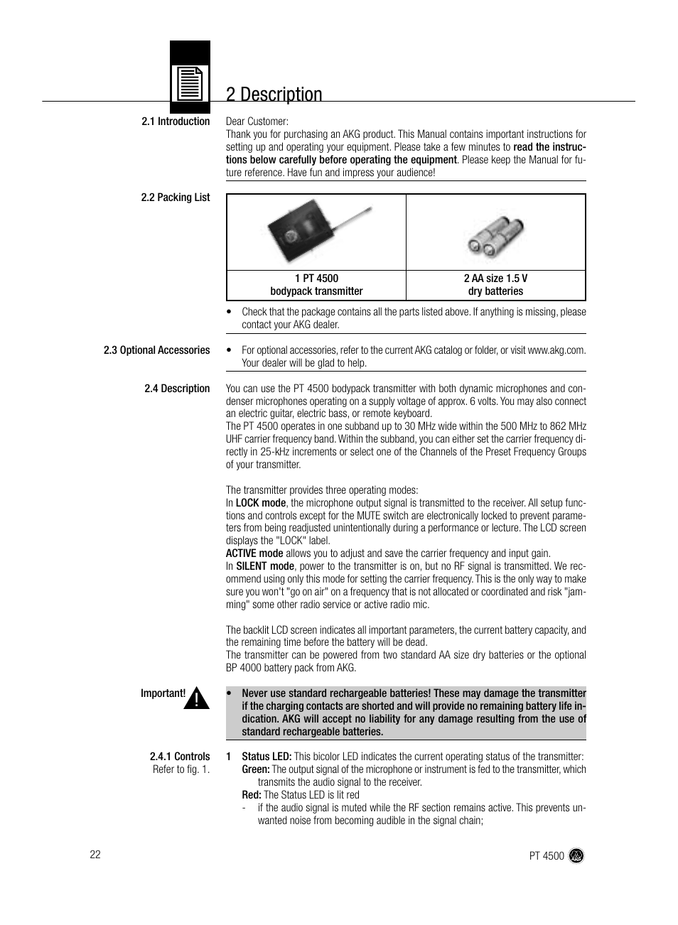 2 description | AKG Acoustics PT 4500 User Manual | Page 22 / 114
