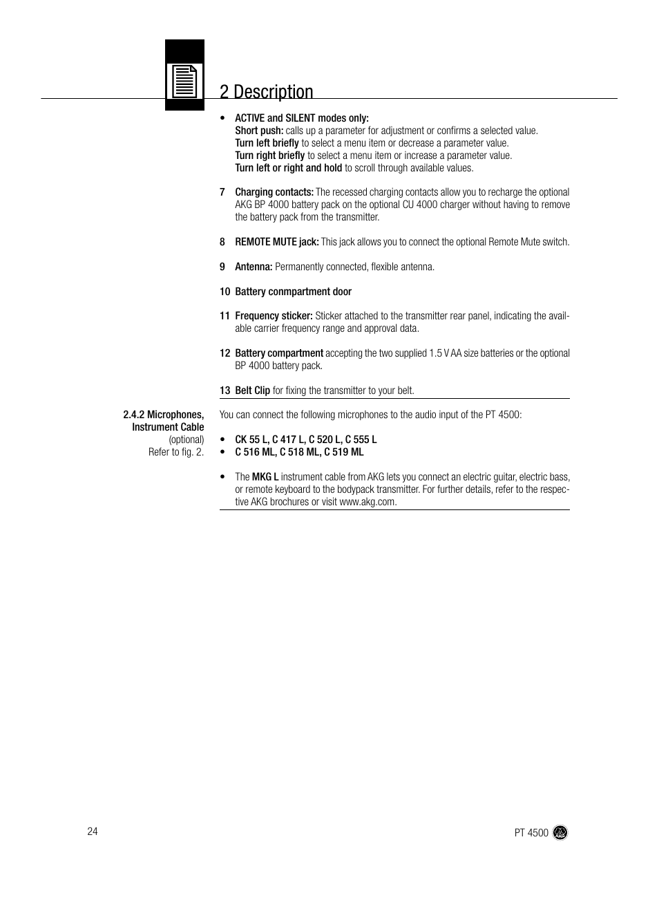 2 description | AKG Acoustics PT 4500 User Manual | Page 24 / 114