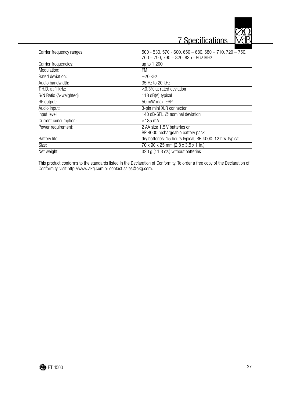 7 specifications | AKG Acoustics PT 4500 User Manual | Page 37 / 114