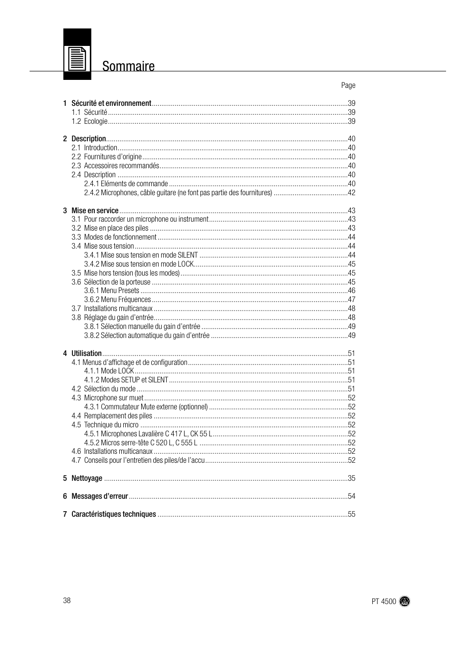 Sommaire | AKG Acoustics PT 4500 User Manual | Page 38 / 114
