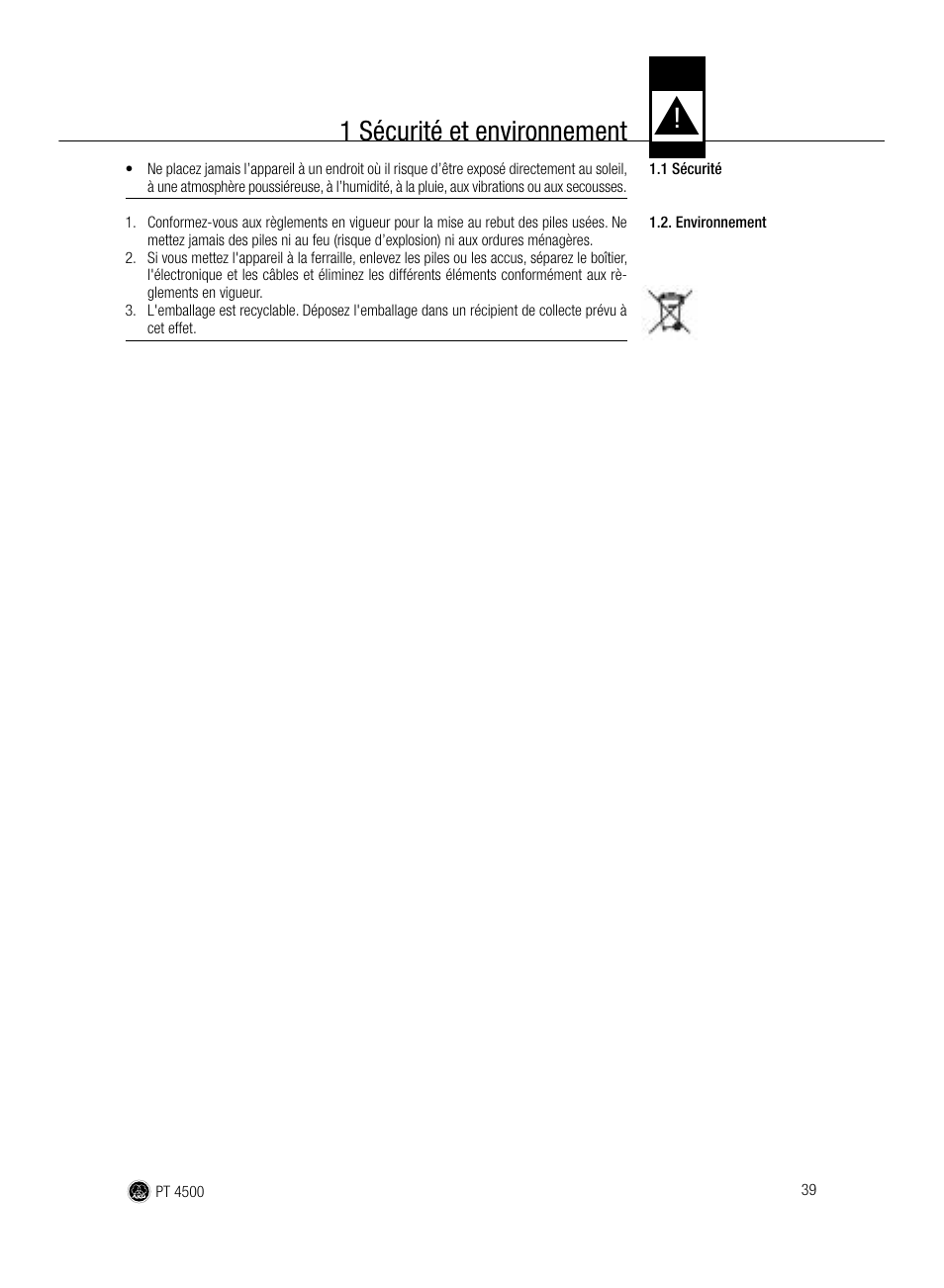 1 sécurité et environnement | AKG Acoustics PT 4500 User Manual | Page 39 / 114