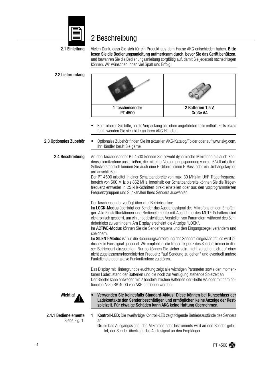 2 beschreibung | AKG Acoustics PT 4500 User Manual | Page 4 / 114