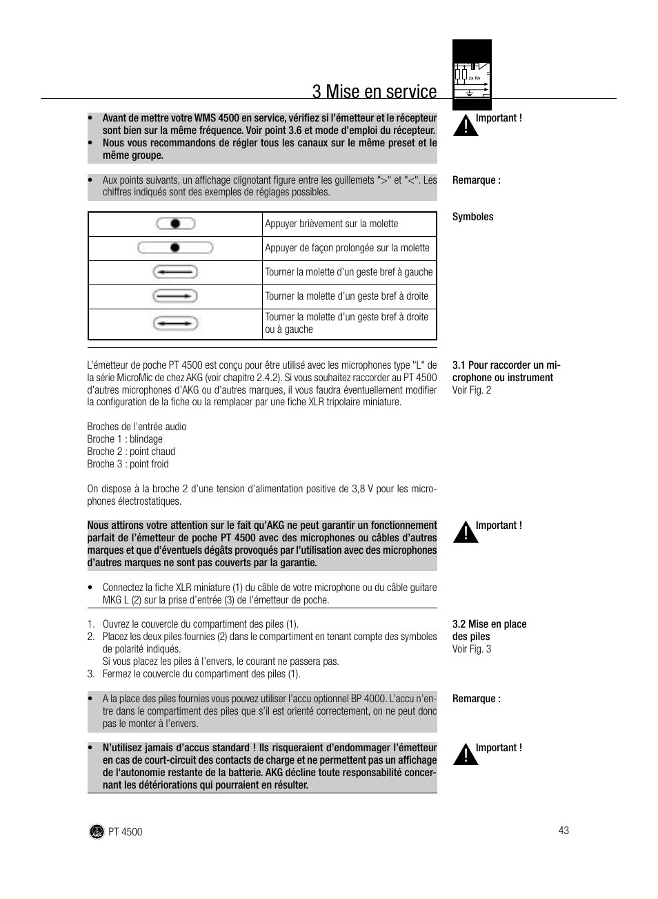 3 mise en service | AKG Acoustics PT 4500 User Manual | Page 43 / 114