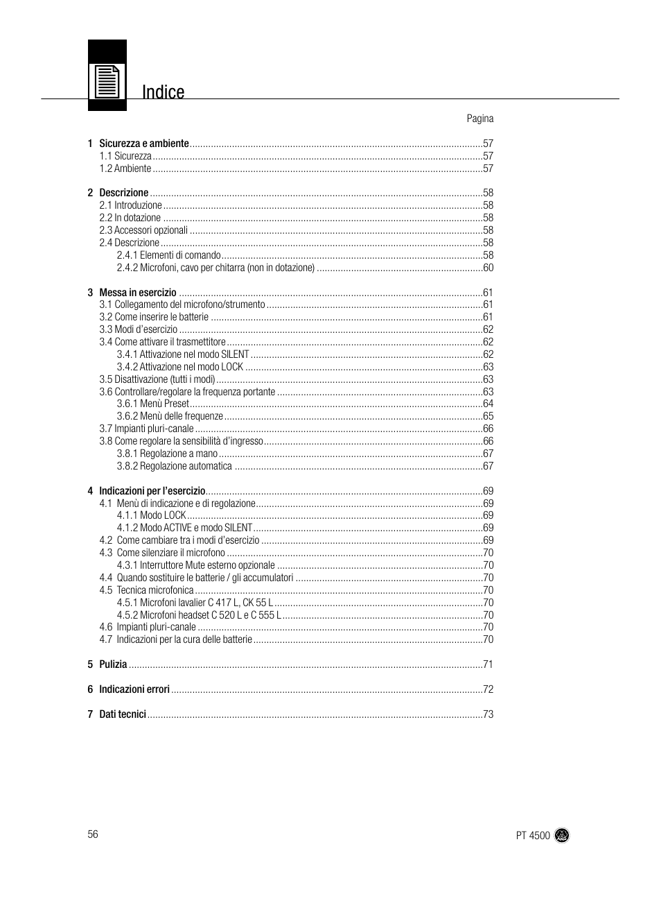 Indice | AKG Acoustics PT 4500 User Manual | Page 56 / 114