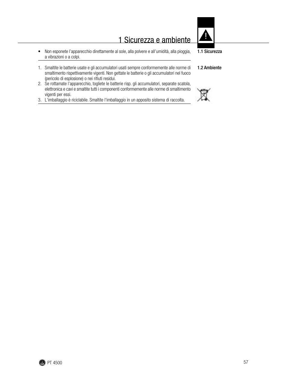 1 sicurezza e ambiente | AKG Acoustics PT 4500 User Manual | Page 57 / 114