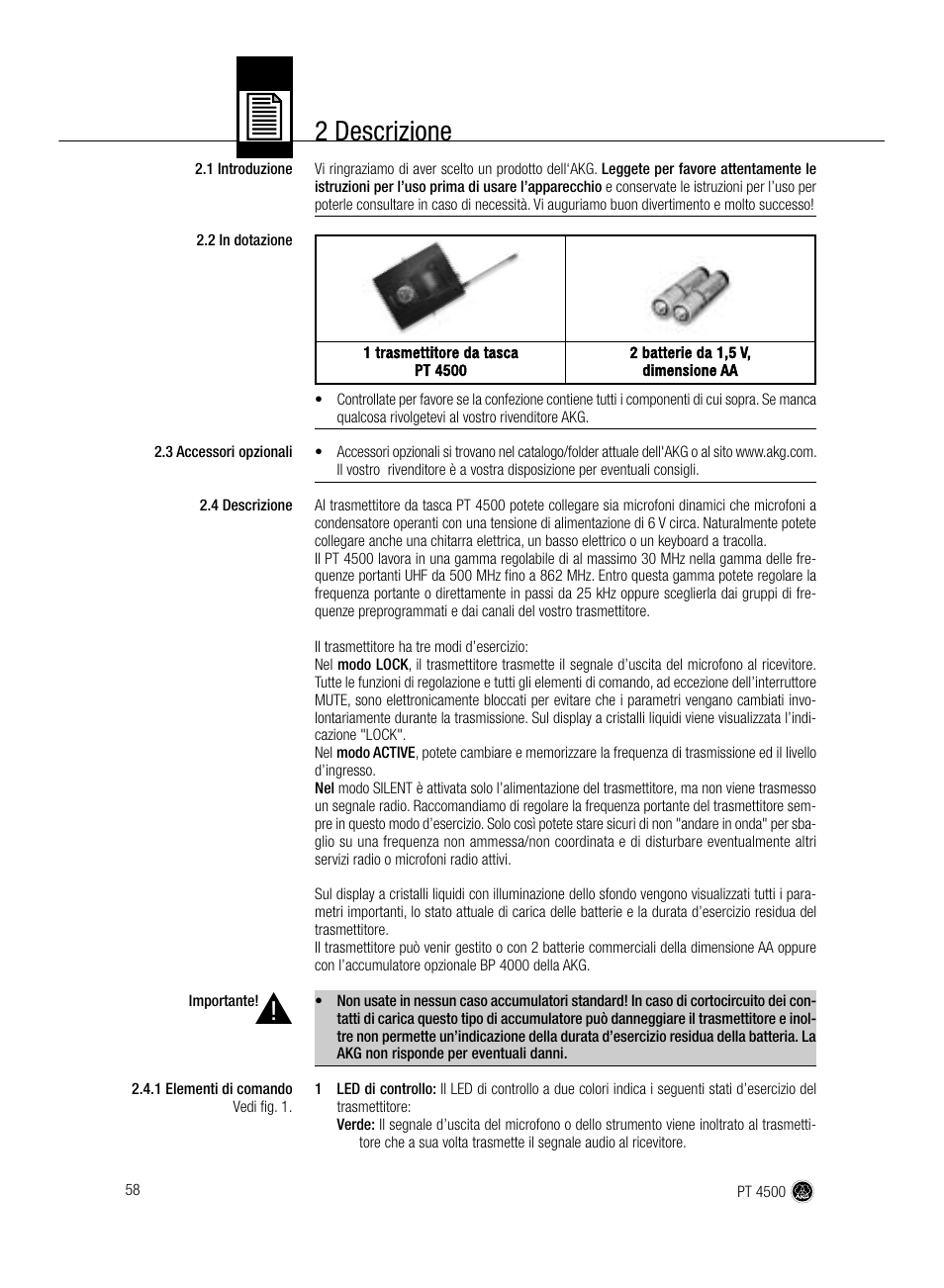 2 descrizione | AKG Acoustics PT 4500 User Manual | Page 58 / 114