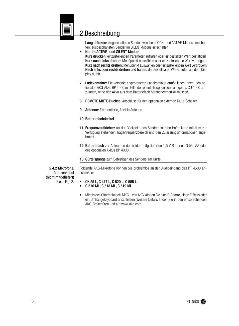 2 beschreibung | AKG Acoustics PT 4500 User Manual | Page 6 / 114