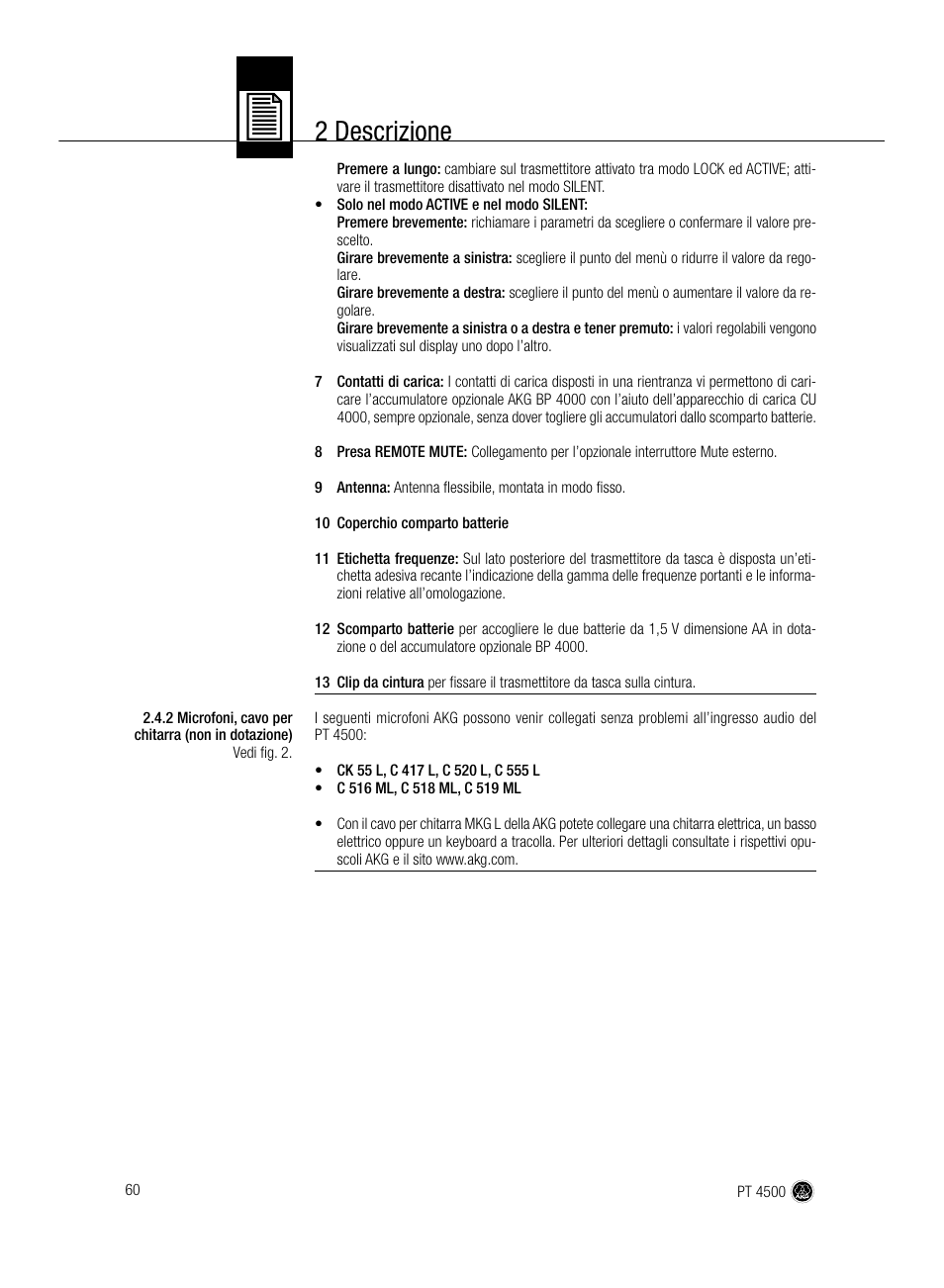 2 descrizione | AKG Acoustics PT 4500 User Manual | Page 60 / 114