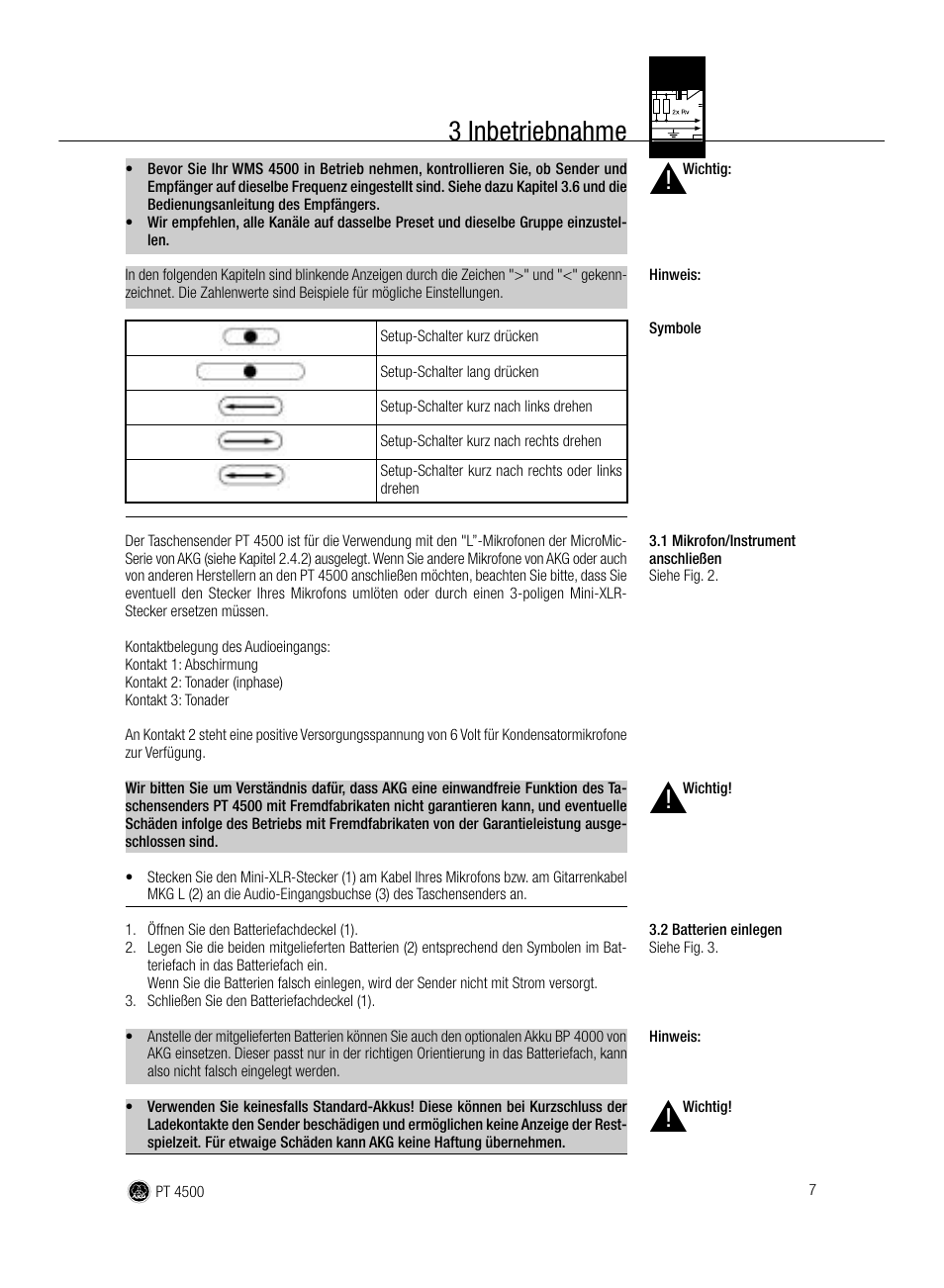 3 inbetriebnahme | AKG Acoustics PT 4500 User Manual | Page 7 / 114