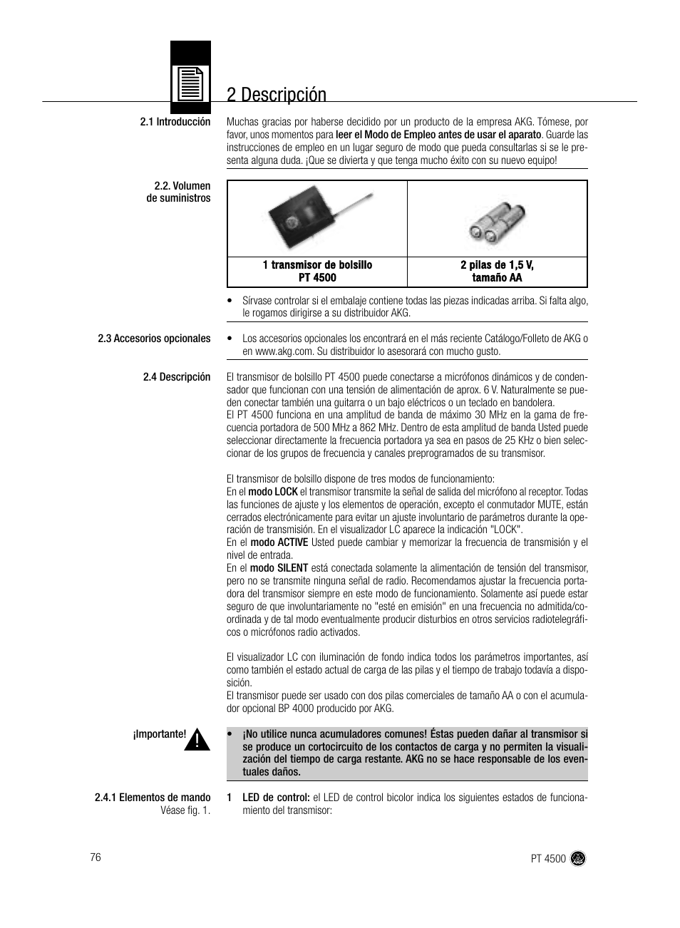 2 descripción | AKG Acoustics PT 4500 User Manual | Page 76 / 114