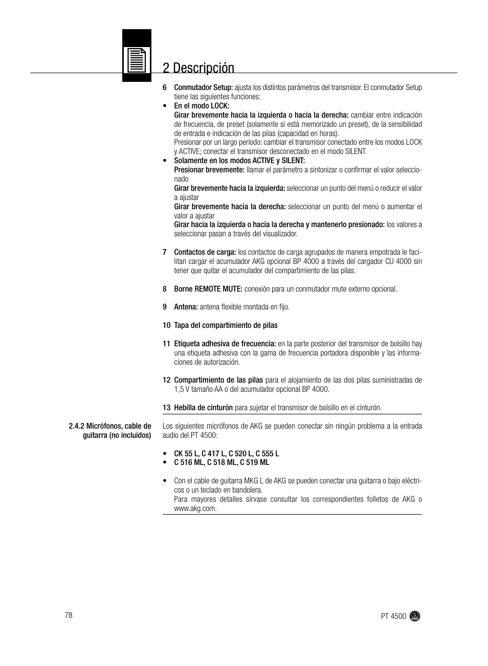 2 descripción | AKG Acoustics PT 4500 User Manual | Page 78 / 114