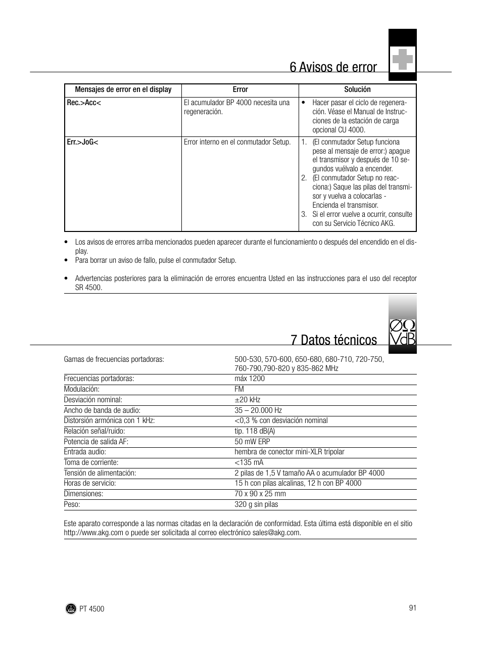 6 avisos de error, 7 datos técnicos | AKG Acoustics PT 4500 User Manual | Page 91 / 114