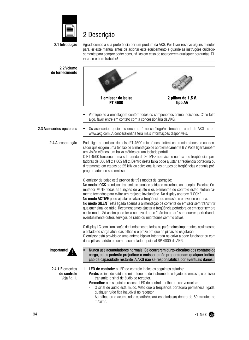 2 descrição | AKG Acoustics PT 4500 User Manual | Page 94 / 114