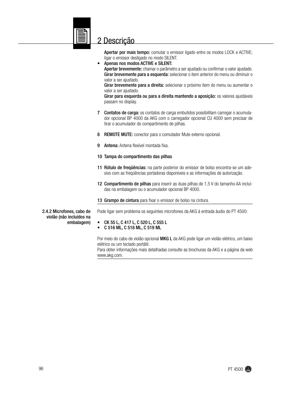 2 descrição | AKG Acoustics PT 4500 User Manual | Page 96 / 114
