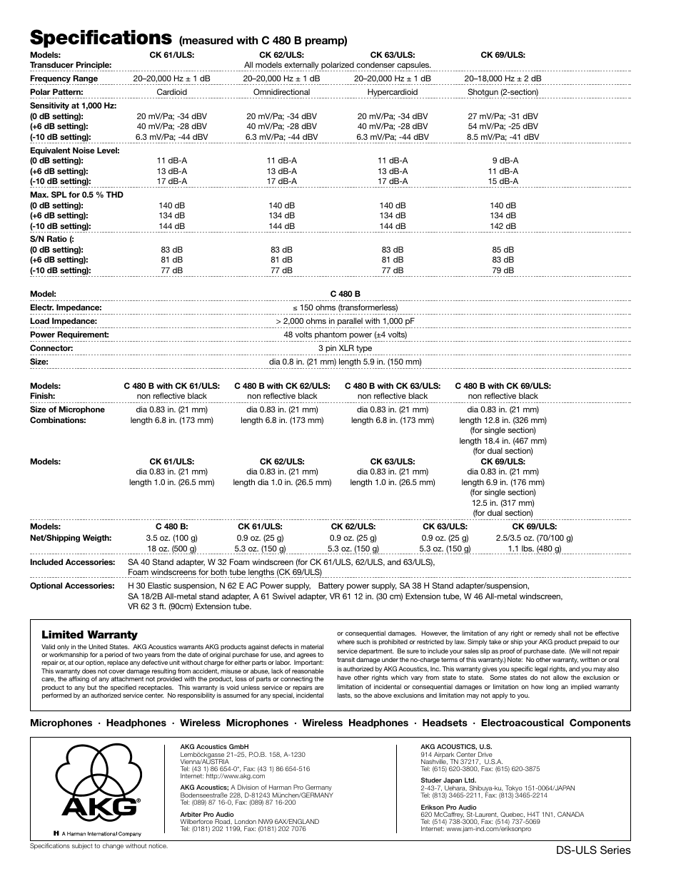 Specifications, Limited warranty, Ds-uls series | Measured with c 480 b preamp) | AKG Acoustics ULS SERIES User Manual | Page 4 / 4