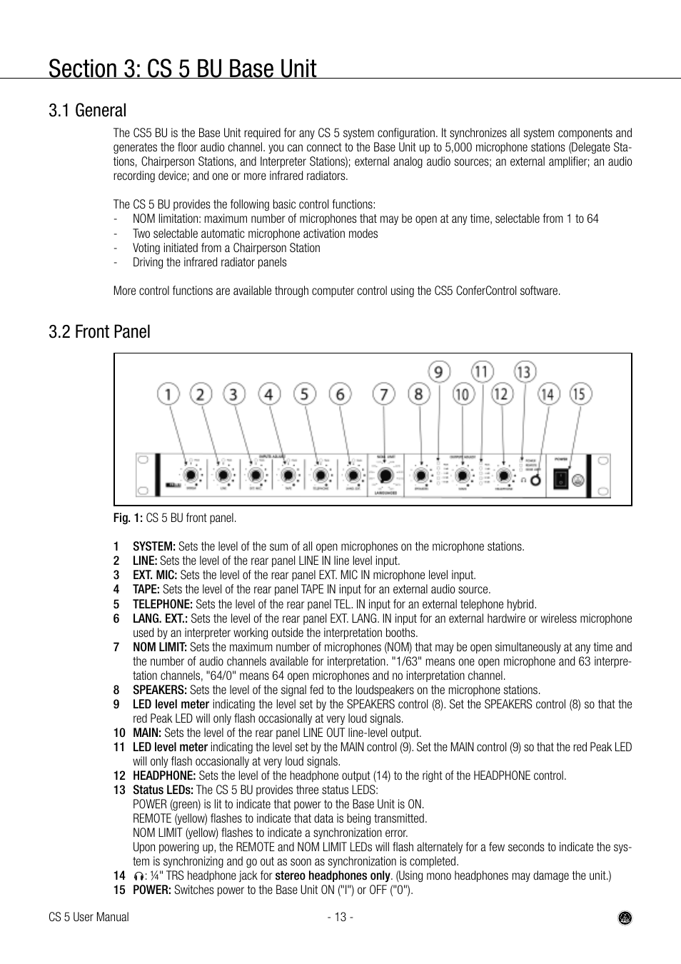 1 general, 2 front panel | AKG Acoustics CS 5 User Manual | Page 13 / 51