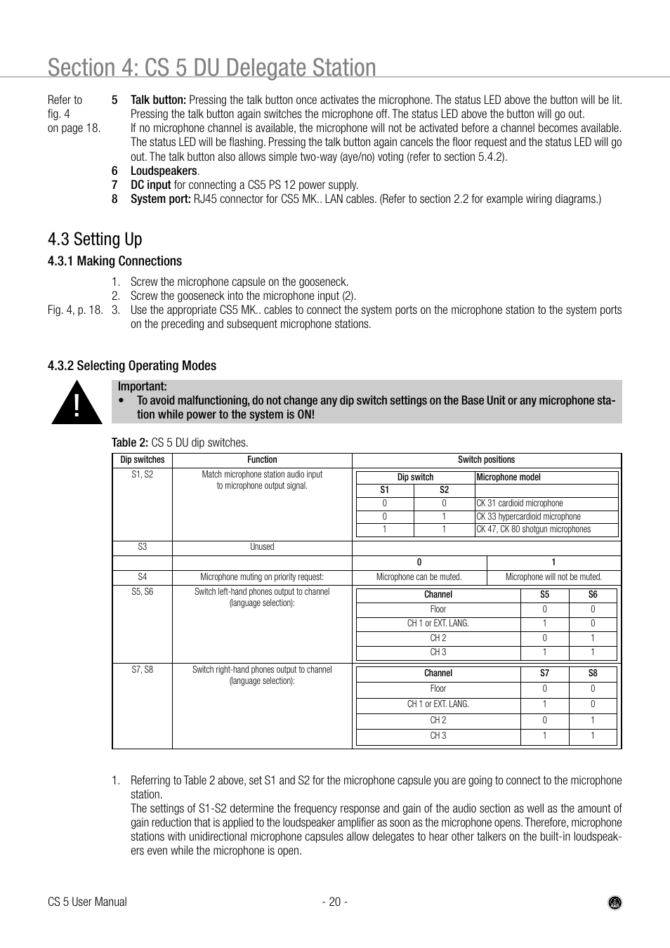 3 setting up, 1 making connections, 2 selecting operating modes | AKG Acoustics CS 5 User Manual | Page 20 / 51