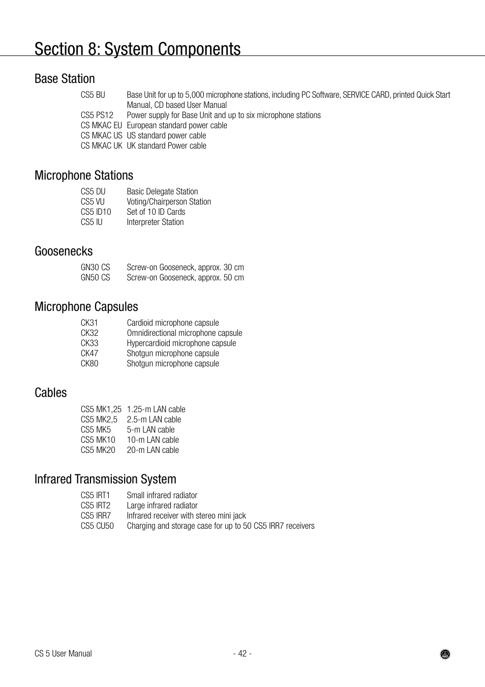 Base station, Microphone stations, Goosenecks | Microphone capsules, Cables, Infrared transmission system | AKG Acoustics CS 5 User Manual | Page 42 / 51
