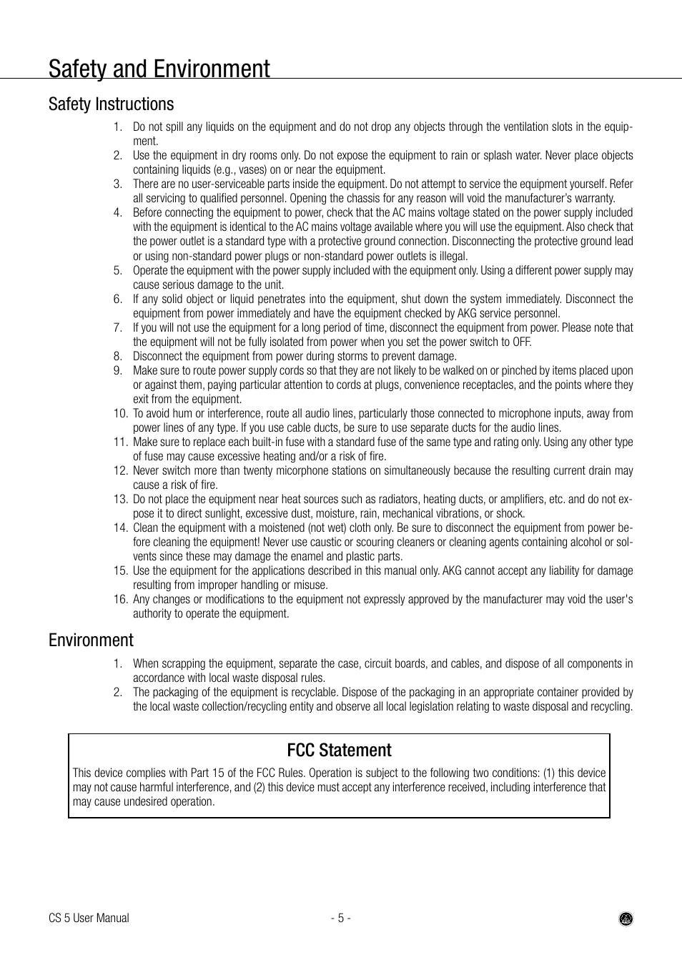 Safety and environment, Safety instructions, Environment | Fcc statement | AKG Acoustics CS 5 User Manual | Page 5 / 51