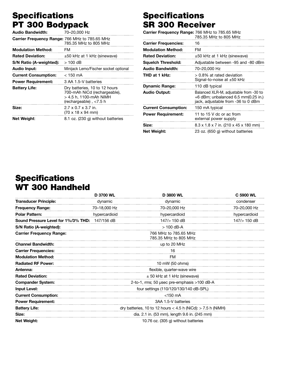 Specifications pt 300 bodypack, Specifications sr 300 receiver, Specifications wt 300 handheld | AKG Acoustics WMS 300 User Manual | Page 2 / 3