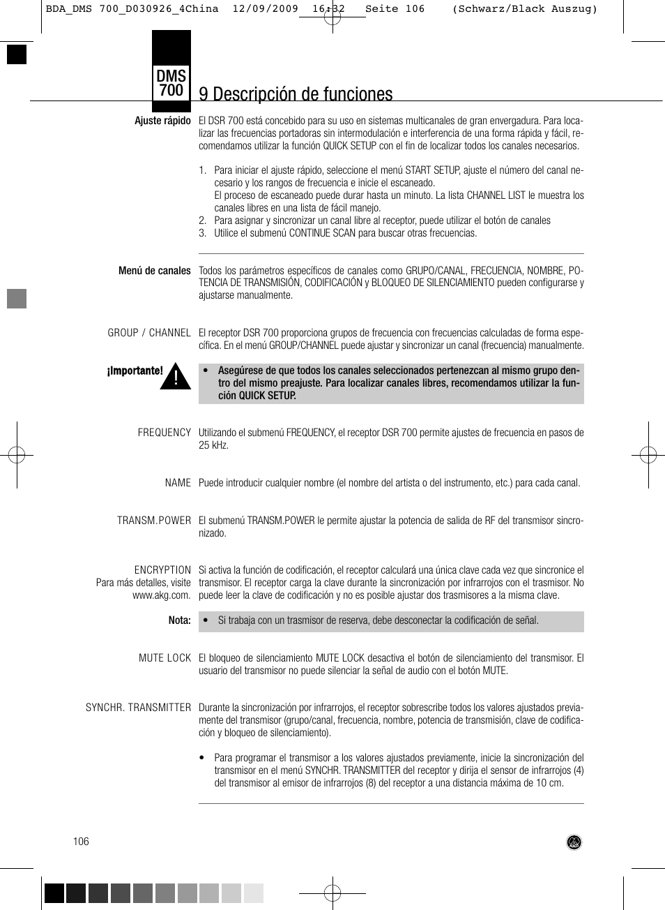 9 descripción de funciones, Dms 700 | AKG Acoustics DMS700 User Manual | Page 106 / 118