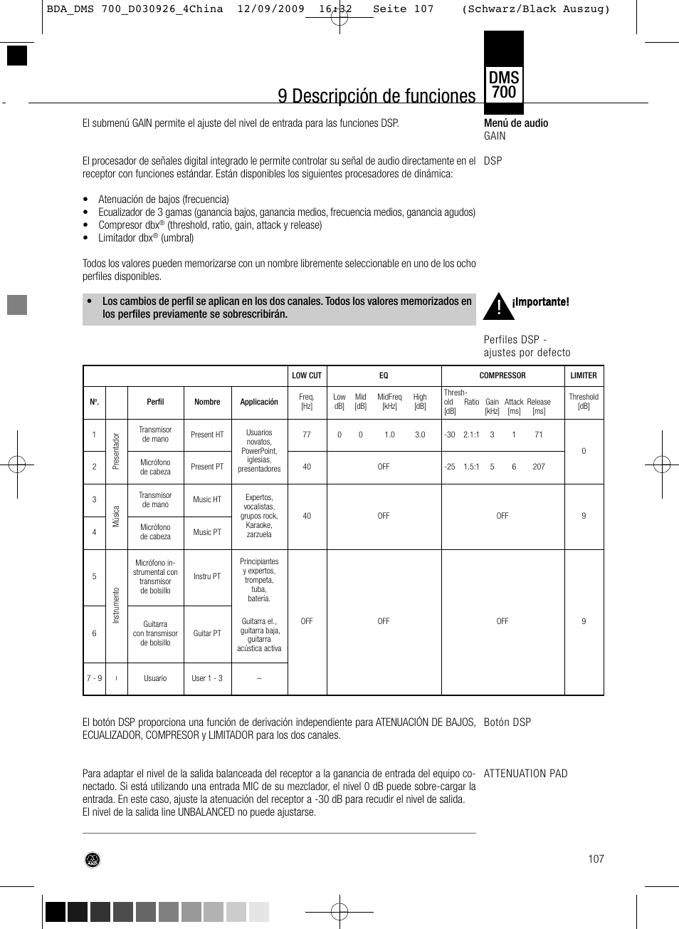 9 descripción de funciones, Dms 700 | AKG Acoustics DMS700 User Manual | Page 107 / 118