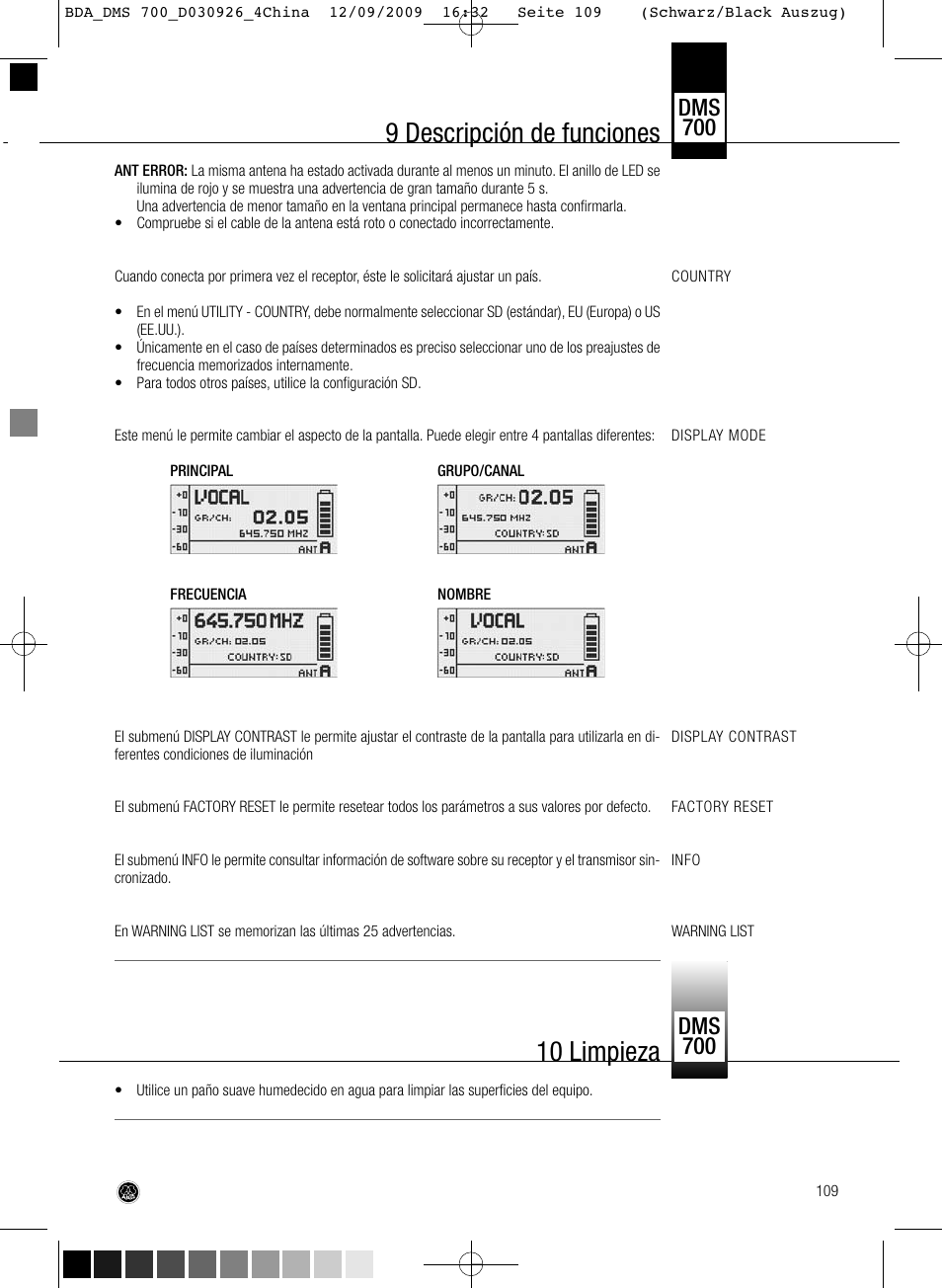 9 descripción de funciones, 10 limpieza, Dms 700 | AKG Acoustics DMS700 User Manual | Page 109 / 118