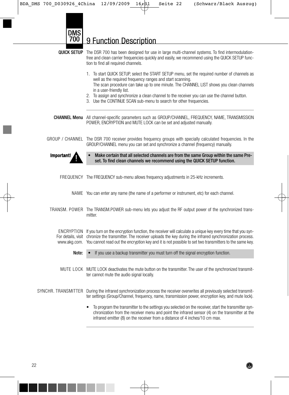 9 function description, Dms 700 | AKG Acoustics DMS700 User Manual | Page 22 / 118