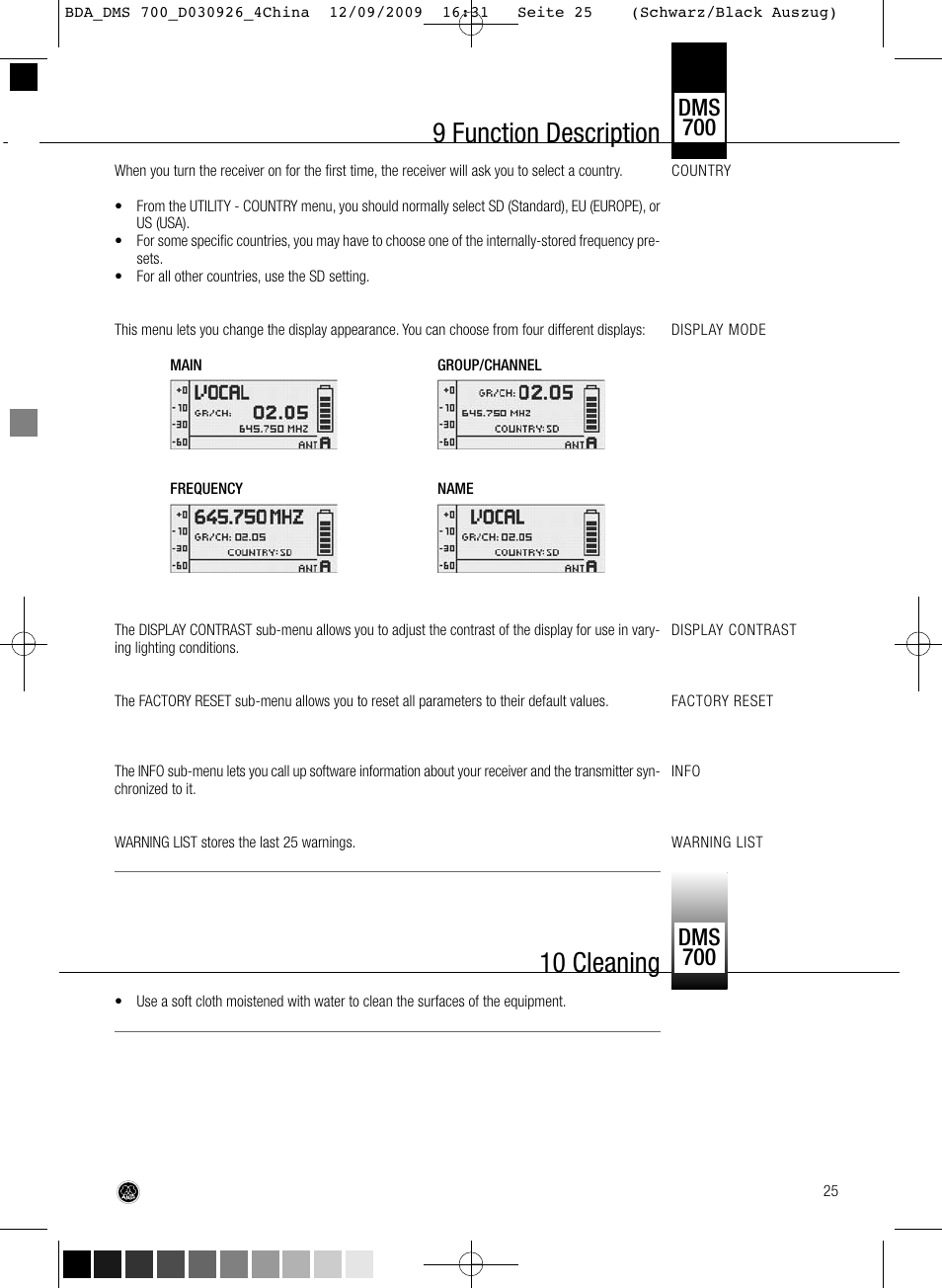9 function description, 10 cleaning, Dms 700 | AKG Acoustics DMS700 User Manual | Page 25 / 118