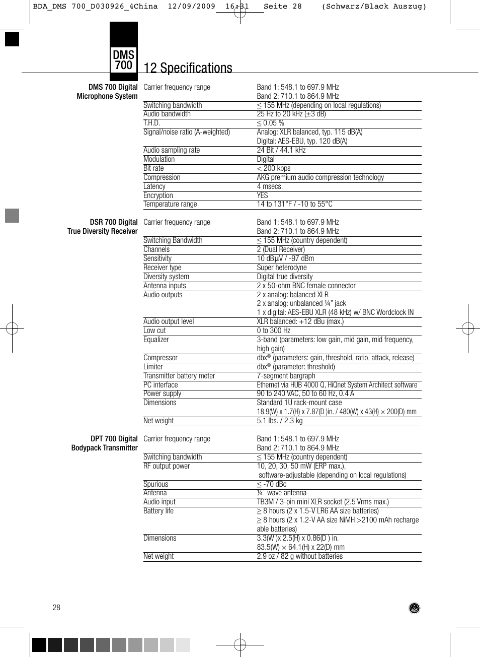 12 specifications, Dms 700 | AKG Acoustics DMS700 User Manual | Page 28 / 118