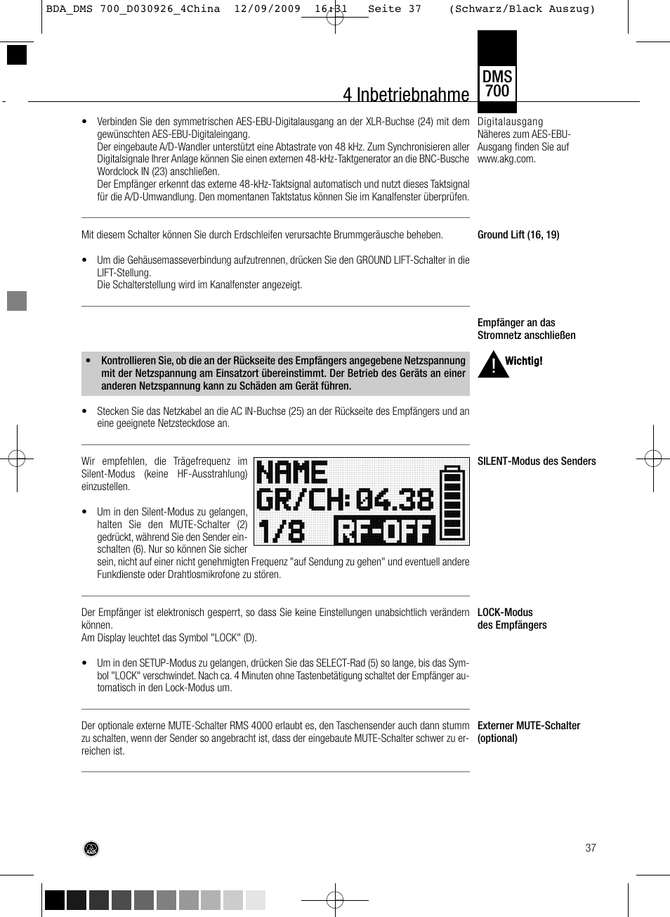 4 inbetriebnahme, Dms 700 | AKG Acoustics DMS700 User Manual | Page 37 / 118