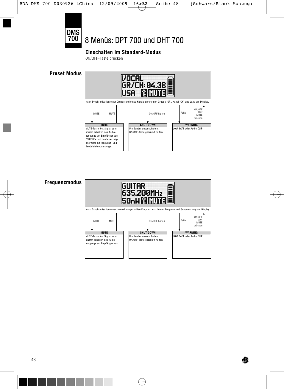 Dms 700, Einschalten im standard-modus, Preset modus frequenzmodus | AKG Acoustics DMS700 User Manual | Page 48 / 118