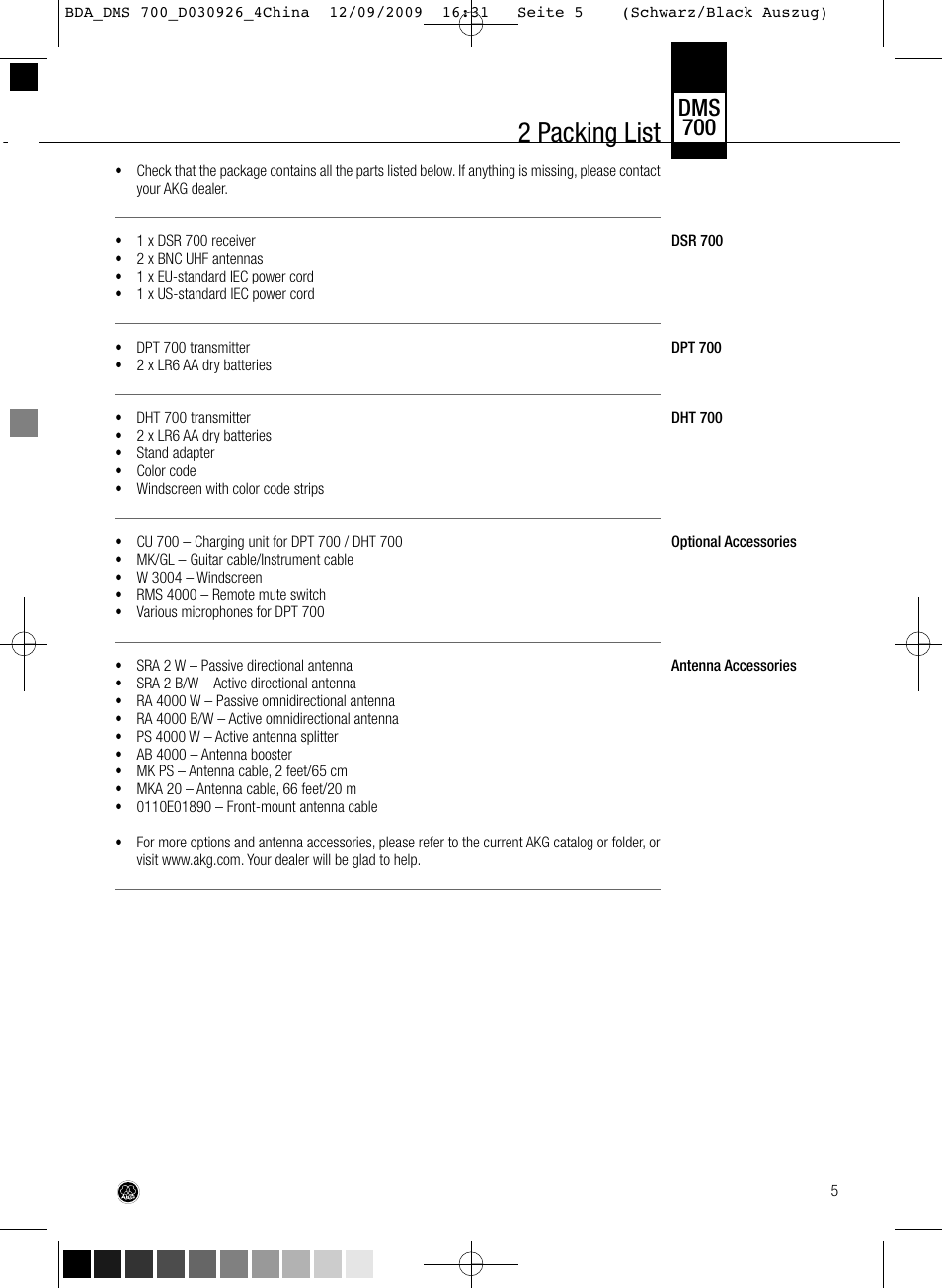 2 packing list, Dms 700 | AKG Acoustics DMS700 User Manual | Page 5 / 118