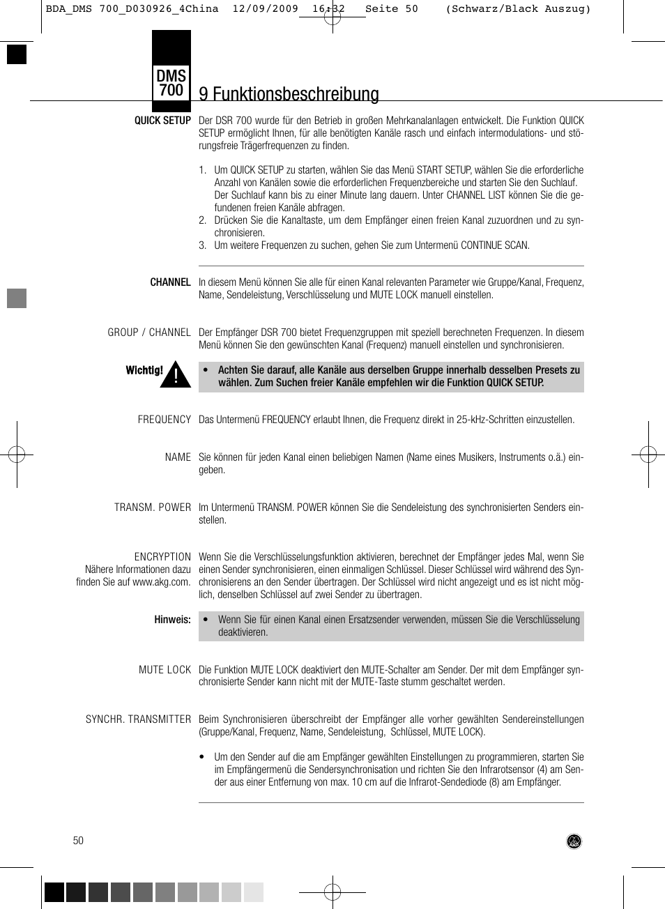 9 funktionsbeschreibung, Dms 700 | AKG Acoustics DMS700 User Manual | Page 50 / 118