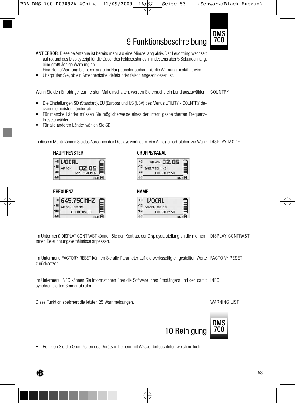 9 funktionsbeschreibung, 10 reinigung | AKG Acoustics DMS700 User Manual | Page 53 / 118