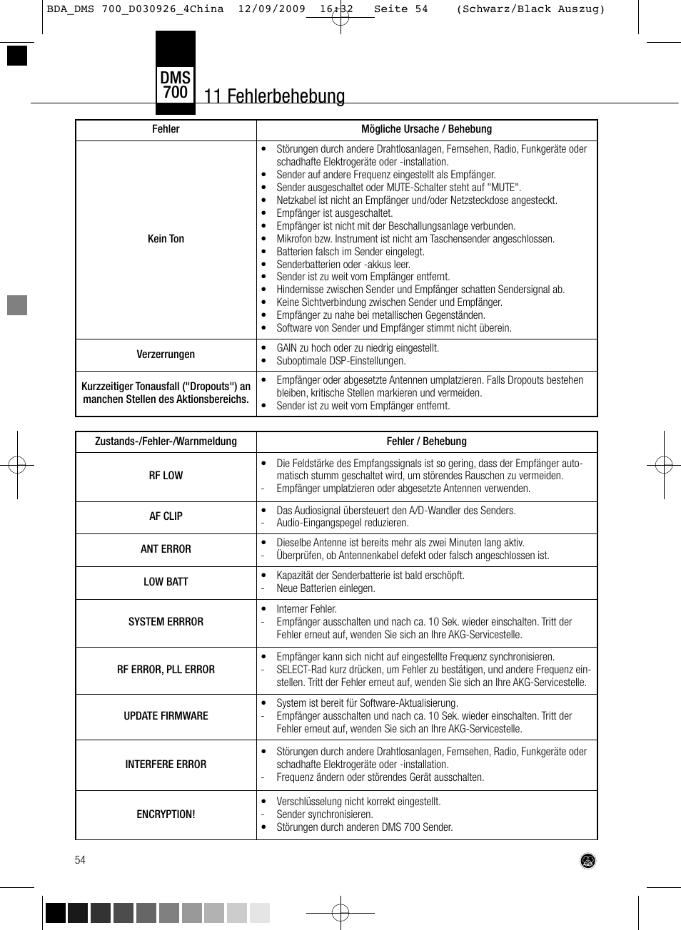 11 fehlerbehebung, Dms 700 | AKG Acoustics DMS700 User Manual | Page 54 / 118