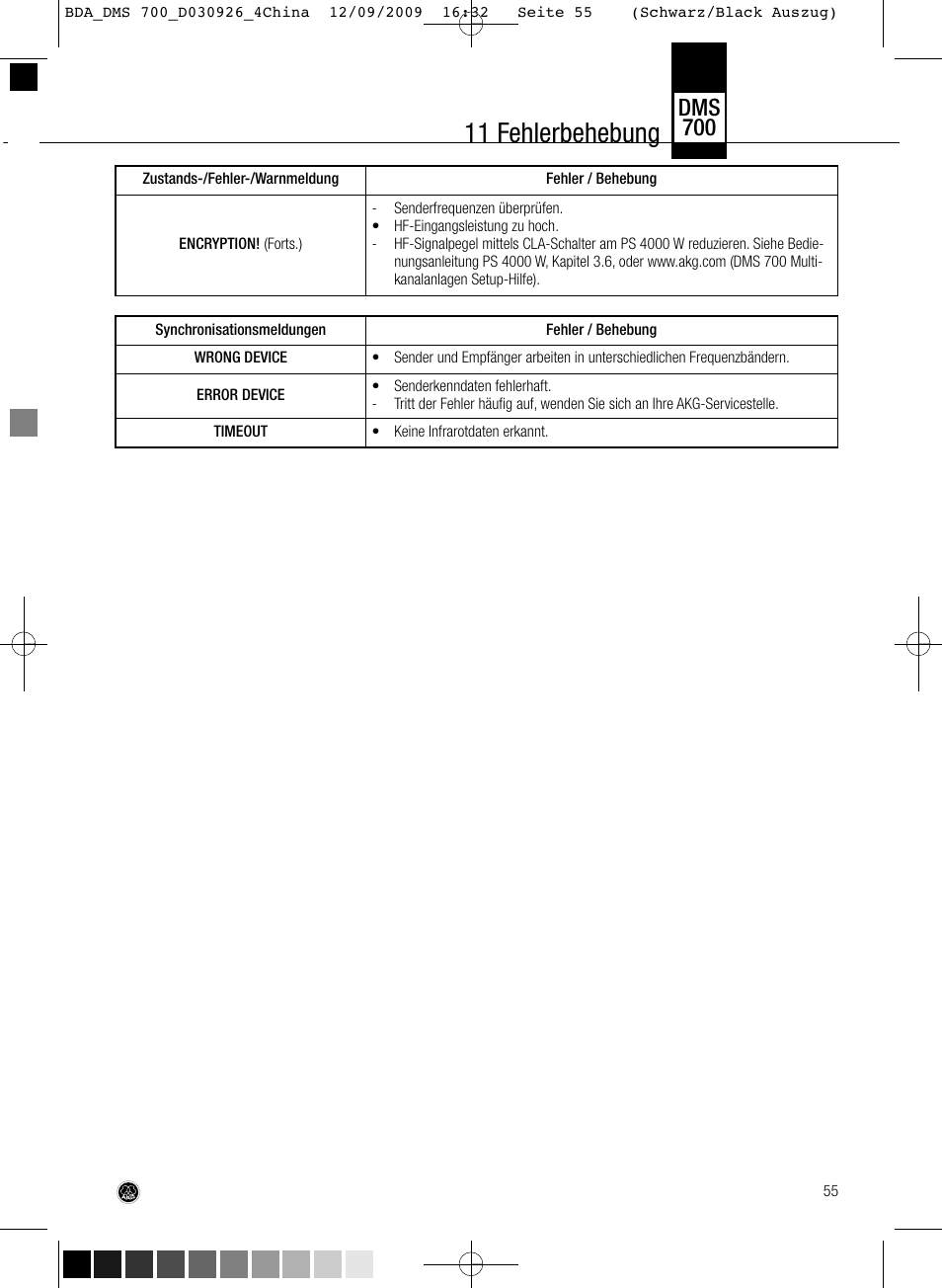 11 fehlerbehebung, Dms 700 | AKG Acoustics DMS700 User Manual | Page 55 / 118