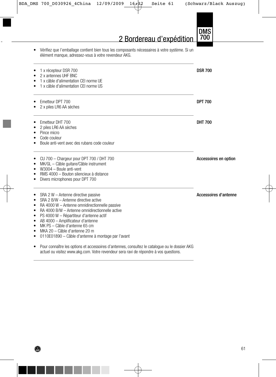 2 bordereau d’expédition, Dms 700 | AKG Acoustics DMS700 User Manual | Page 61 / 118