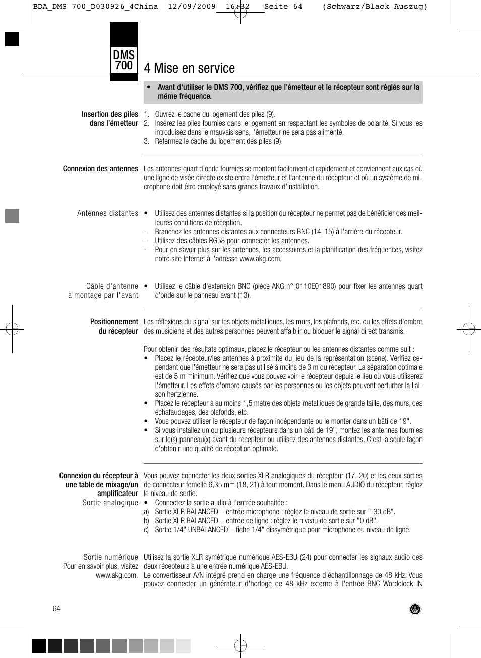 4 mise en service, Dms 700 | AKG Acoustics DMS700 User Manual | Page 64 / 118