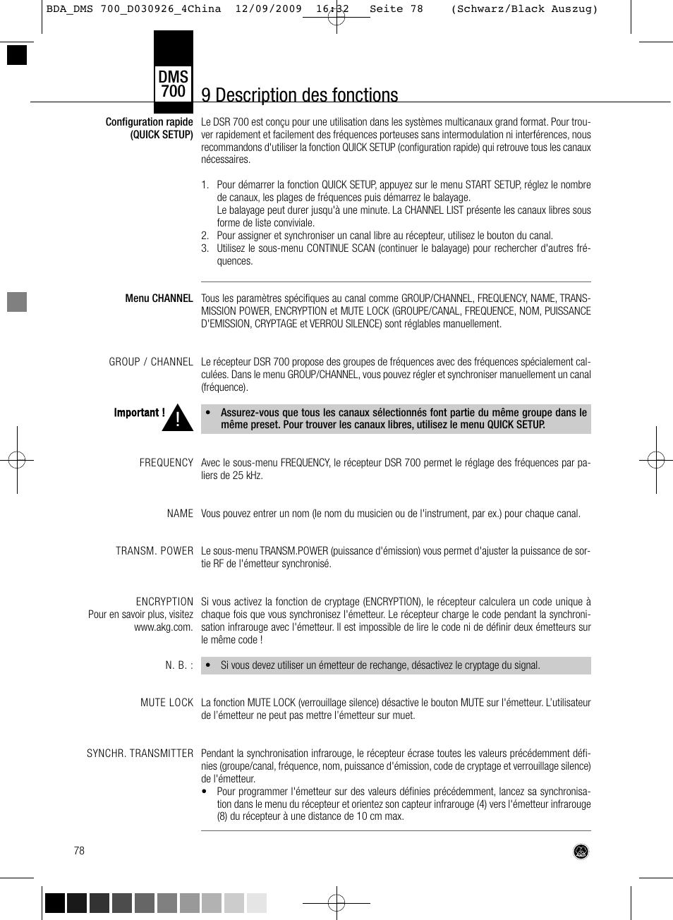 9 description des fonctions, Dms 700 | AKG Acoustics DMS700 User Manual | Page 78 / 118