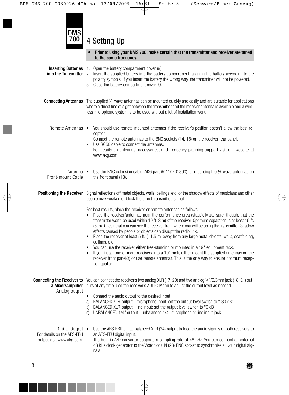 4 setting up, Dms 700 | AKG Acoustics DMS700 User Manual | Page 8 / 118