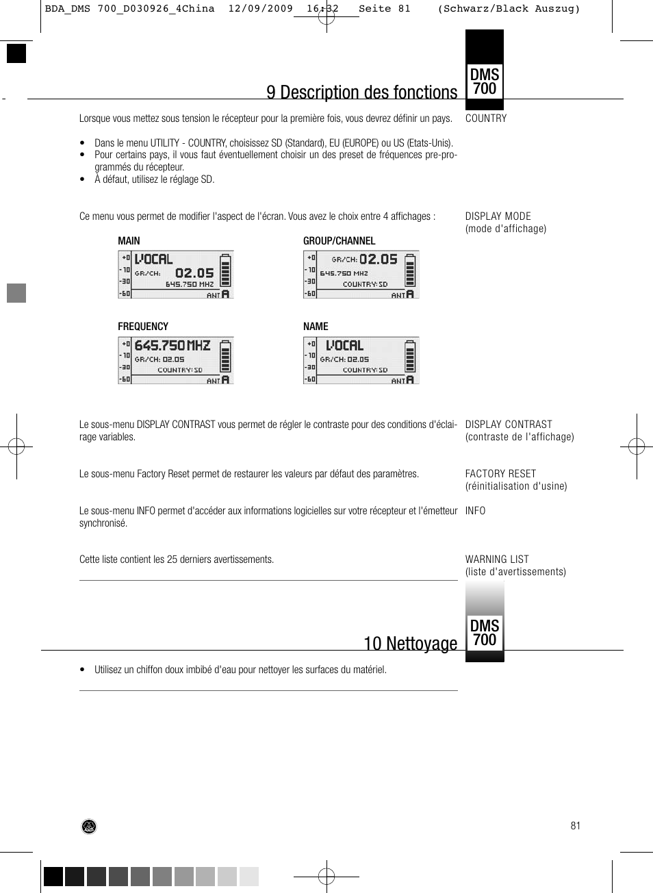 9 description des fonctions, 10 nettoyage, Dms 700 | AKG Acoustics DMS700 User Manual | Page 81 / 118