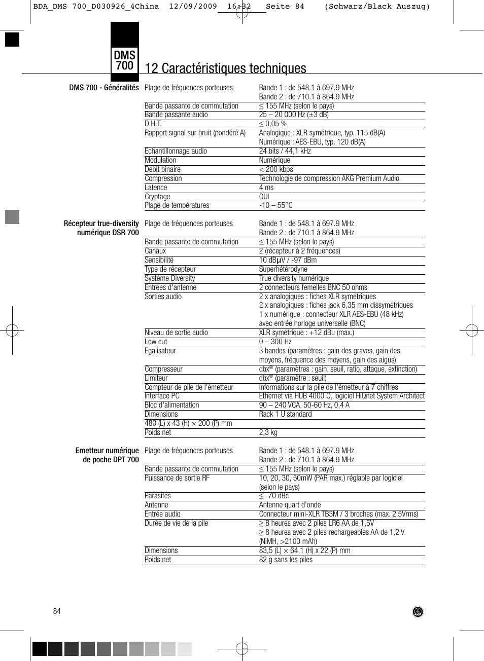 12 caractéristiques techniques, Dms 700 | AKG Acoustics DMS700 User Manual | Page 84 / 118