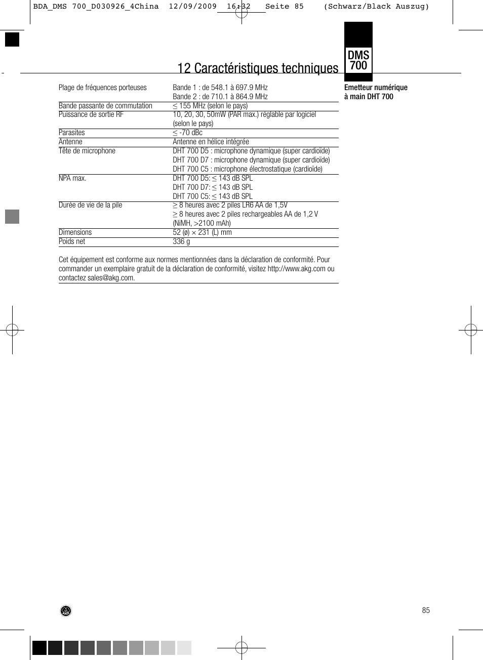 12 caractéristiques techniques, Dms 700 | AKG Acoustics DMS700 User Manual | Page 85 / 118