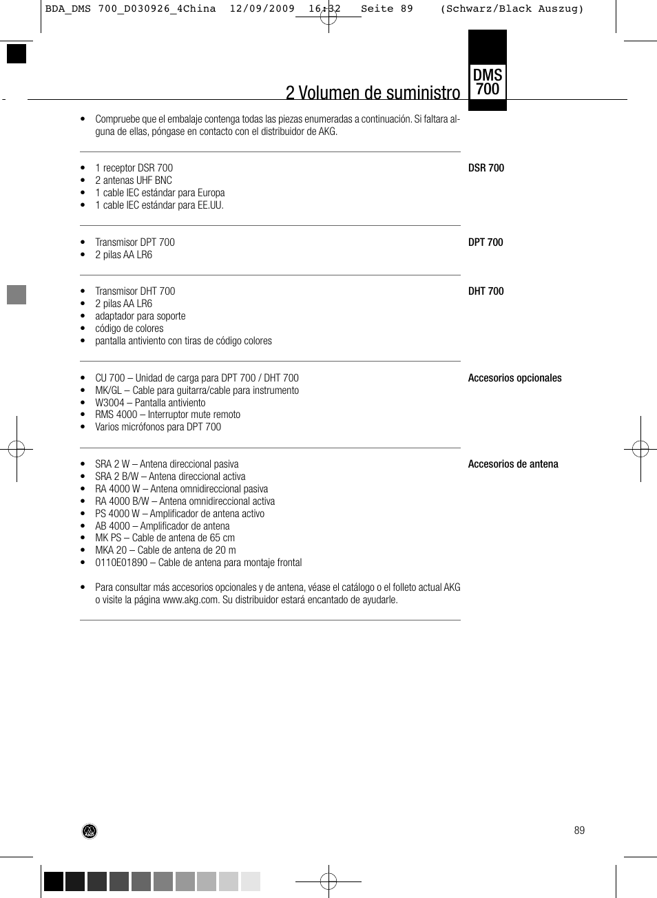 2 volumen de suministro, Dms 700 | AKG Acoustics DMS700 User Manual | Page 89 / 118